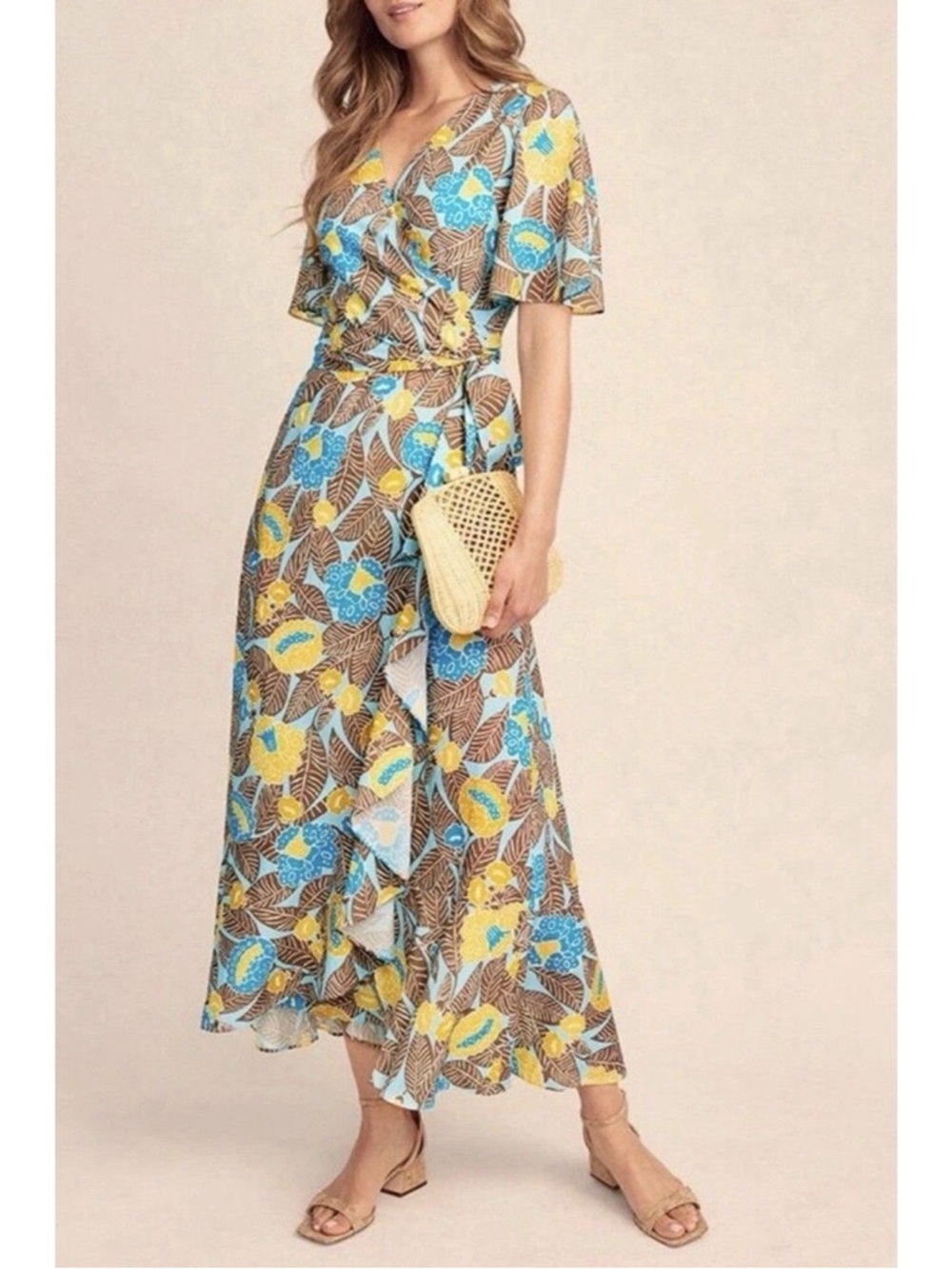 J. McLaughlin Audette Wrap Maxi Dress M Blue Tan Floral Flutter Sleeve